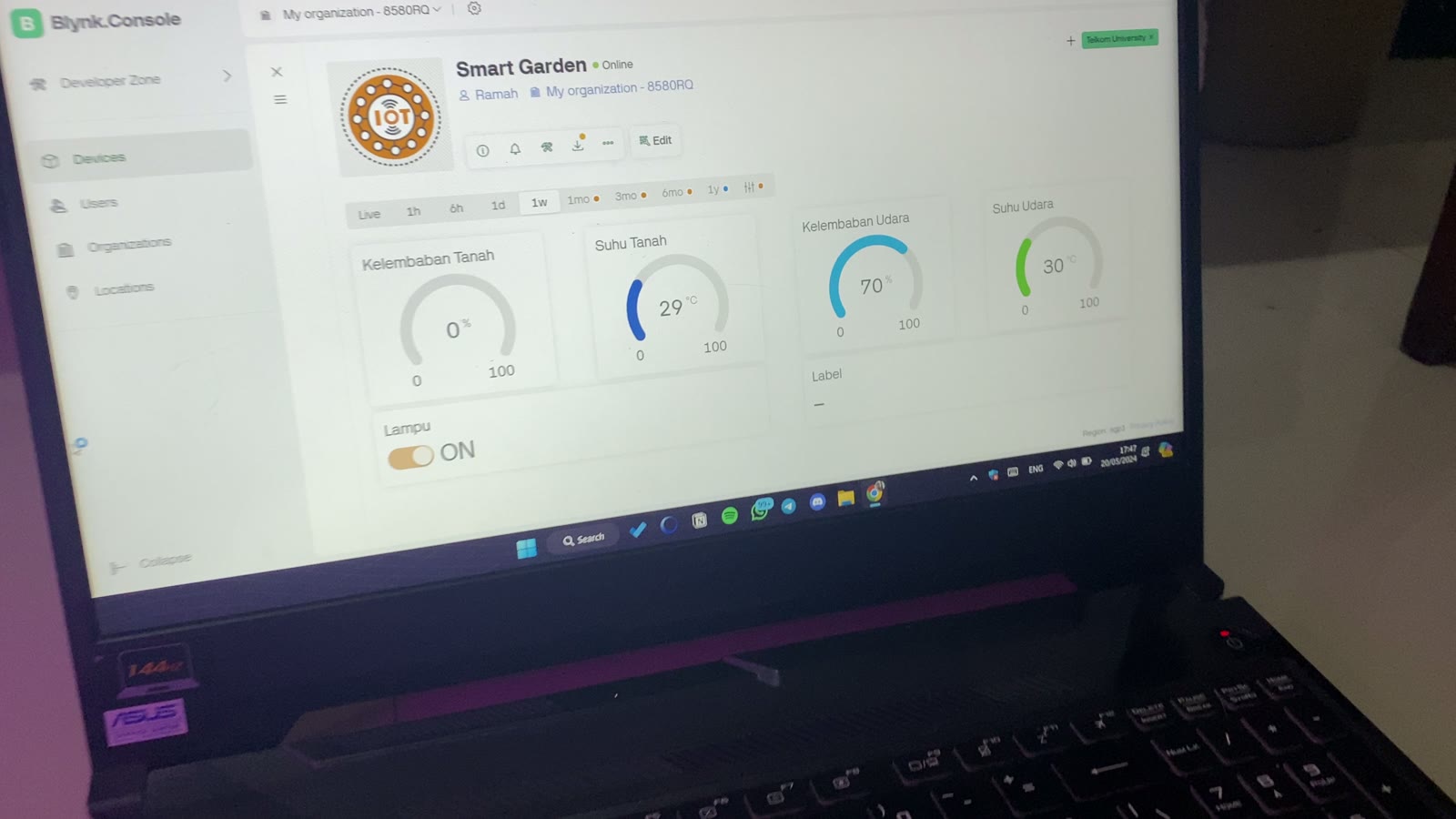 Dasbor Blynk Console Smart Garden menampilkan kelembapan tanah, suhu tanah, kelembapan udara, suhu udara, dan tombol lampu